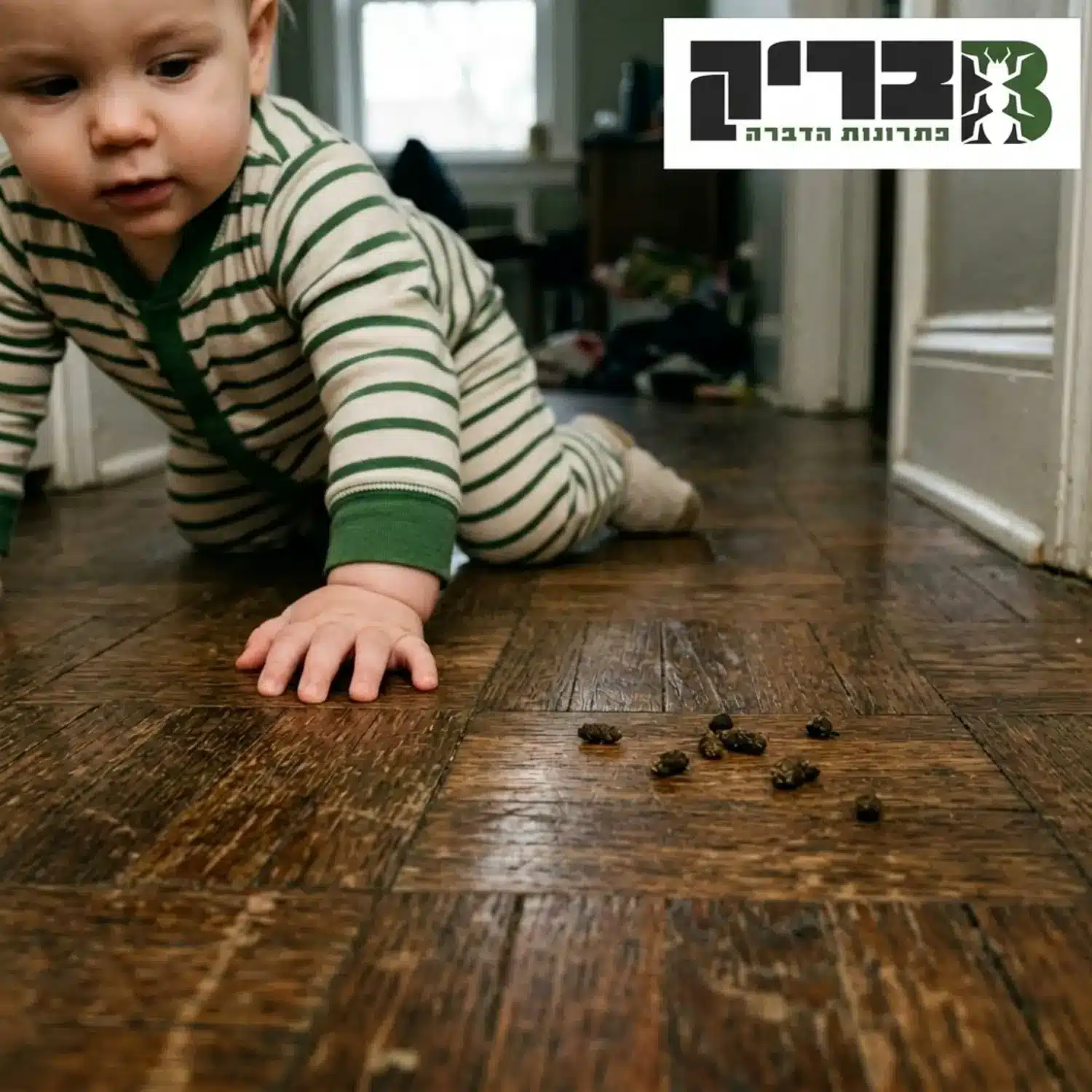 תמונה הממחישה זווית ראייה של תינוק זוחל על רצפת פרקט, כאשר במרחק קצר ממנו ניתן להבחין במספר גללי עכבר קטנים כהים, התמונה צריכה לשדר מתח וצורך בהגנה על הפעוט