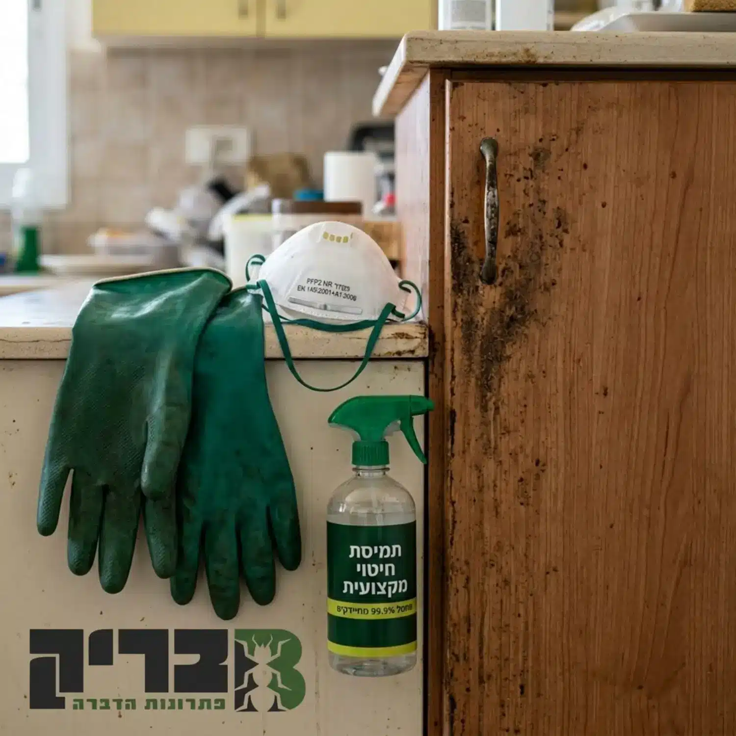 צילום תקריב של ארון מטבח נגוע ולידו כפפות גומי עבות, מסכת פנים תקנית ומרסס המכיל תמיסת חיטוי, להמחשת ציוד המגן הנדרש לפני תחילת הניקוי