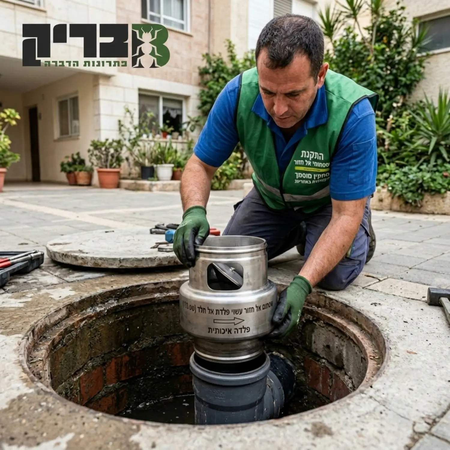 צילום תקריב של מתקין מקצועי מחדיר שסתום אל חזור עשוי פלדה איכותית אל תוך שוחת ביוב פתוחה בחצר של בניין מגורים
