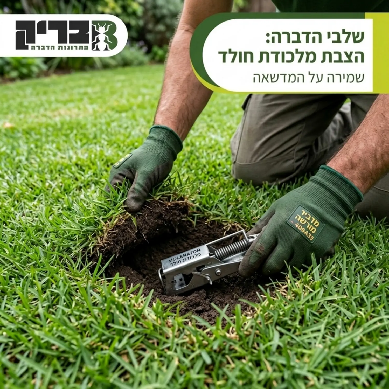 תמונה מקריבה המדגימה כיצד מדביר מקצועי חושף בעדינות פתח במדשאה ומציב מלכודת מתכת קפיצית בתוך תוואי המחילה של החולד, תוך שמירה על שלמות הדשא מסביב