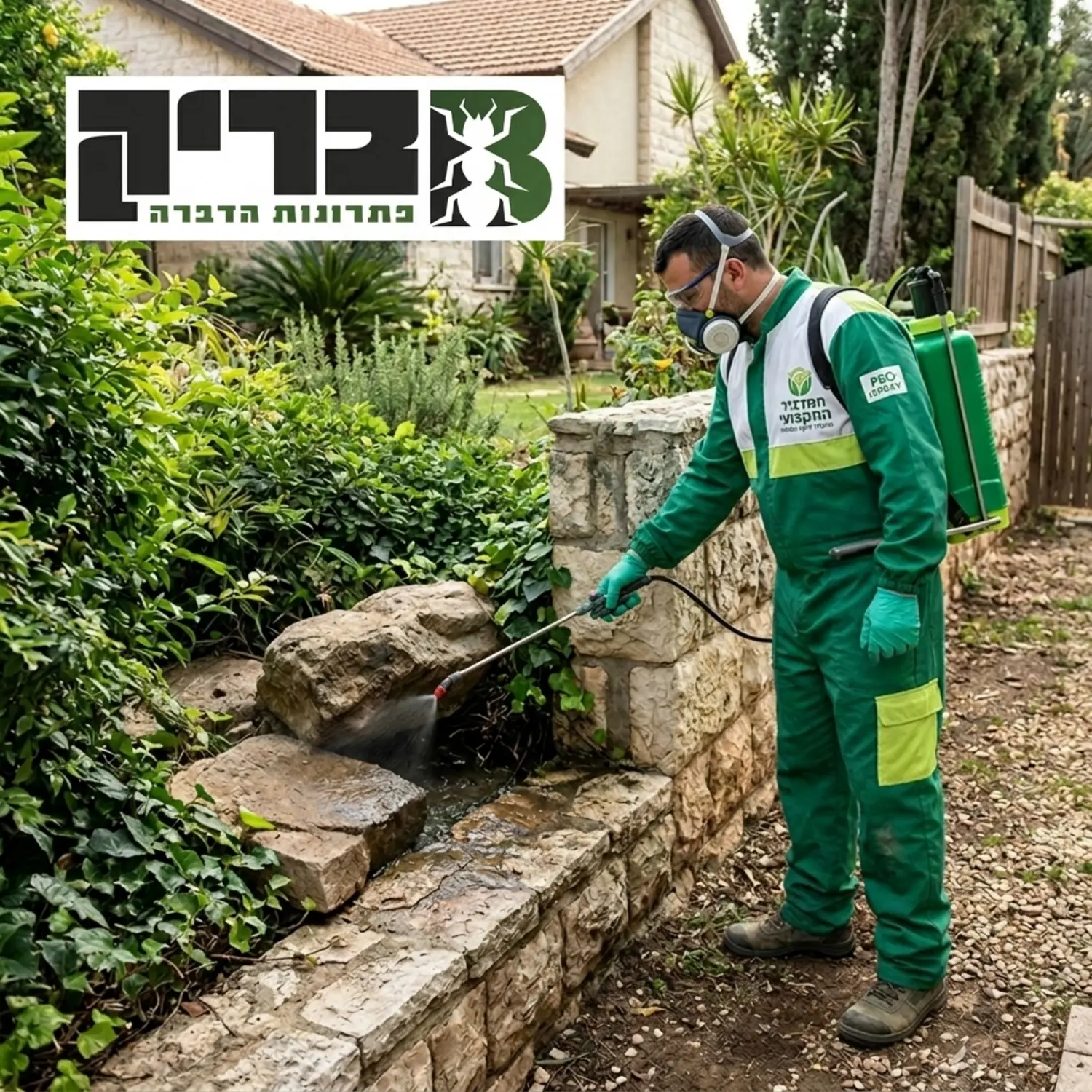 מדביר מקצועי לבוש בציוד מגן מלא מבצע ריסוס היקפי יסודי לאורך החומה של חצר ביתית, עם דגש מיוחד על אזורים לחים תחת אבנים כבדות וצמחייה עבותה
