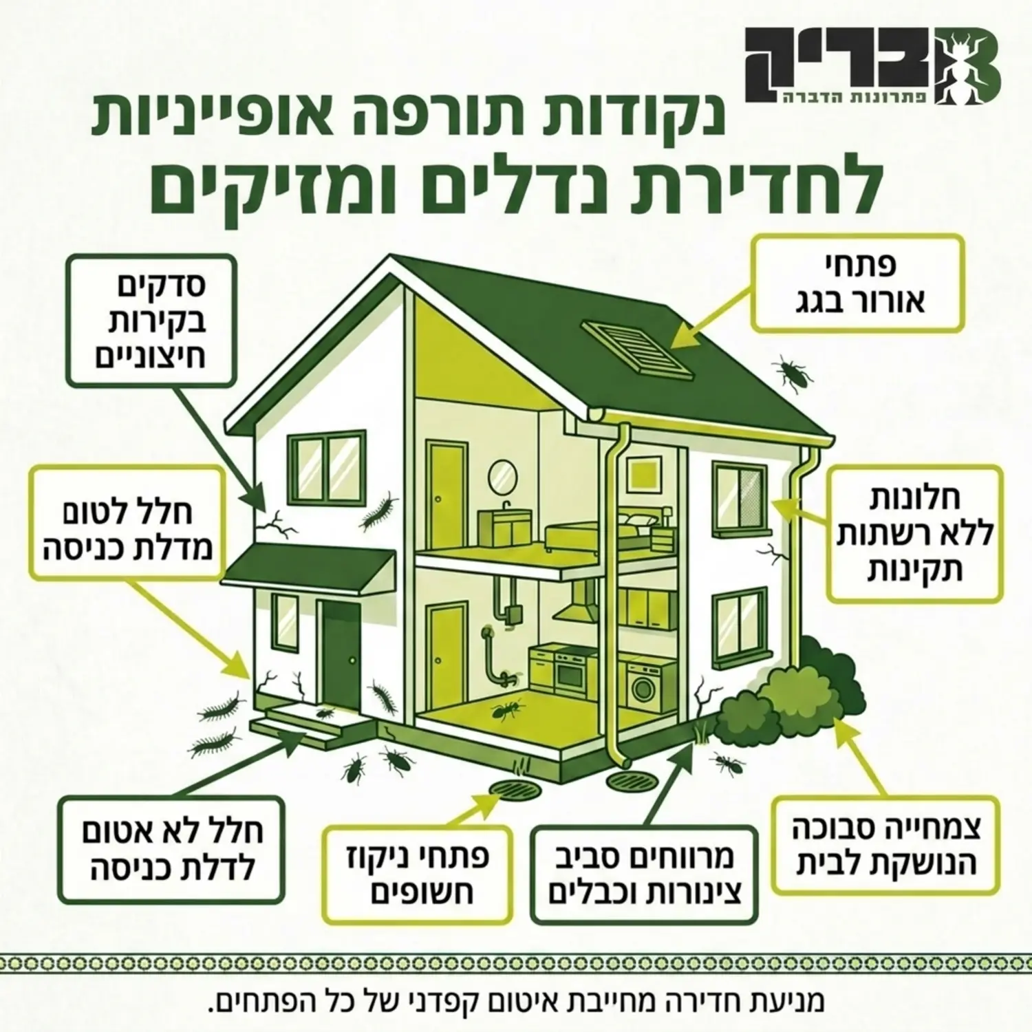תרשים מפורט של בית המראה נקודות תורפה אופייניות דרכן חודרים נדלים ומזיקים אחרים, כגון סדקים בקירות החיצוניים, חלל לא אטום מתחת לדלת הכניסה ופתחי ניקוז חשופים