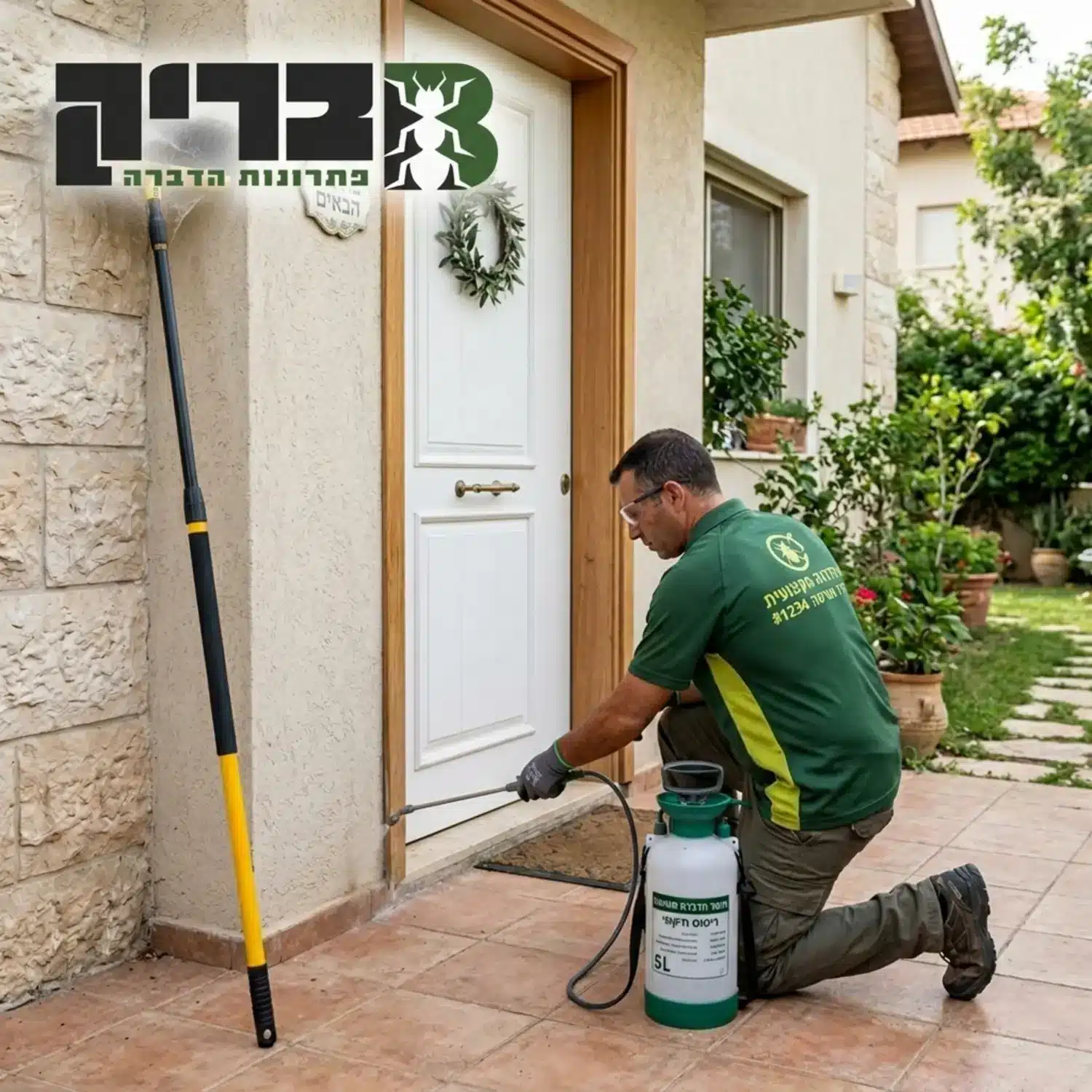 מדביר מקצועי מבצע ריסוס היקפי מונע בחיבור בין הקיר לרצפה מסביב לדלת כניסה של בית פרטי, כאשר ברקע ניתן לראות מטאטא קורים טלסקופי מונח על הקיר לאחר סיום שלב ניקוי הקורים