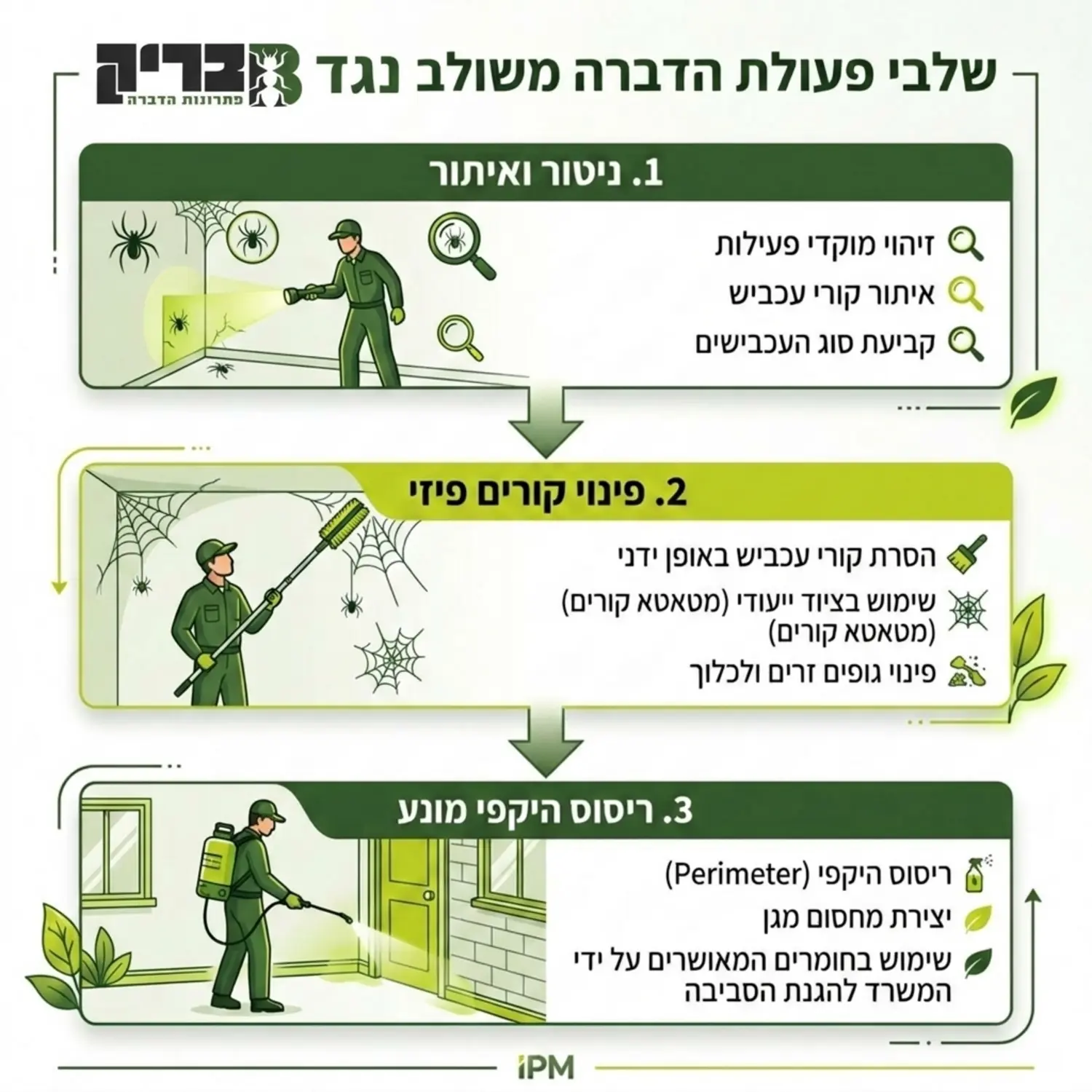 תרשים זרימה המסביר את שלבי פעולת ההדברה המשולבת נגד עכבישים, החל משלב הניטור והאיתור, דרך שלב פינוי הקורים הפיזי באמצעות ציוד ייעודי, ועד לשלב הסופי של ריסוס היקפי מונע בחומרים המאושרים על ידי המשרד להגנת הסביבה