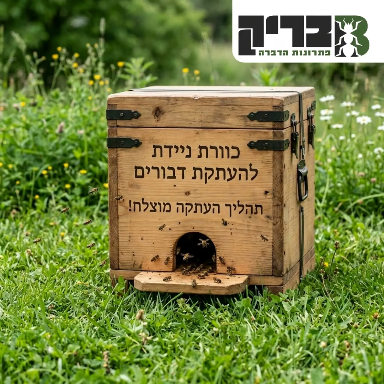 קופסת עץ מיוחדת להעתקת דבורים (כוורת ניידת) מונחת על דשא ירוק, כאשר דבורים מתעופפות סביב פתח הכניסה שלה בצורה רגועה, מסמל את סיום תהליך ההעתקה המוצלח