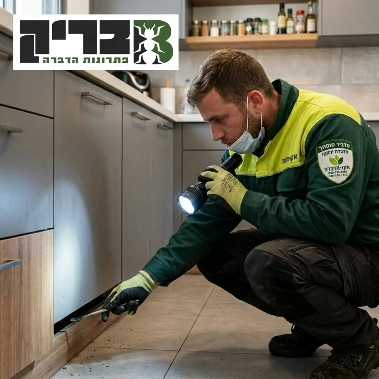צילום תקריב של מדביר מקצועי לבוש בציוד מגן, בוחן בעזרת פנס חריצים ופנלים בתוך מטבח ביתי מודרני לאיתור מקומות מסתור של חרקים