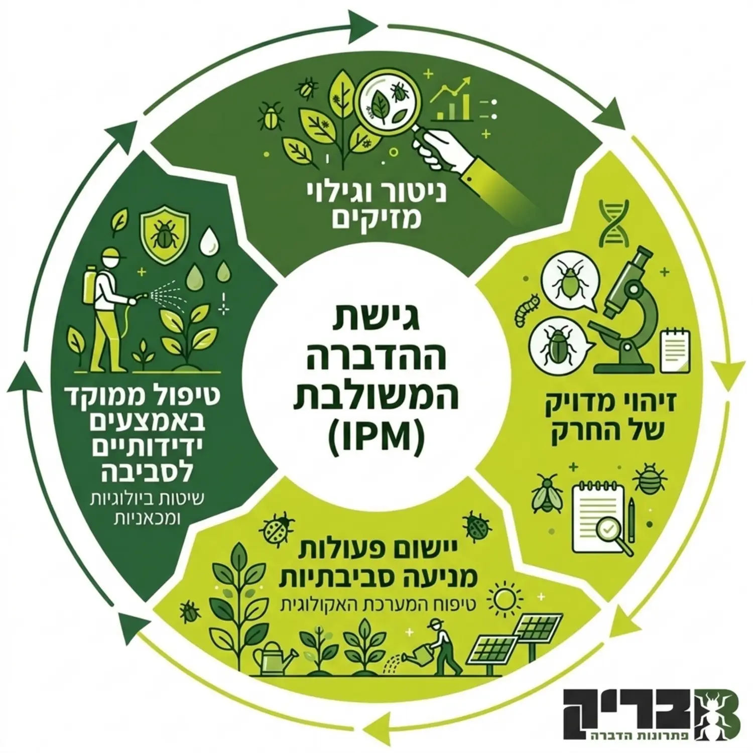 תרשים מעגלי המדגים את גישת ההדברה המשולבת, המכיל ארבעה שלבים ברורים: ניטור וגילוי מזיקים, זיהוי מדויק של החרק, יישום פעולות מניעה סביבתיות, וטיפול ממוקד באמצעים ידידותיים לסביבה