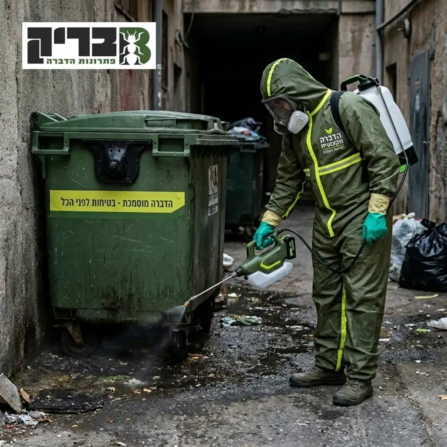 מדביר מקצועי לבוש בציוד מגן מלא מבצע ריסוס עם ציוד חדיש ובטיחותי סביב פח אשפה גדול, תוך התמקדות בפינות חשוכות ולחות המועדות לפורענות