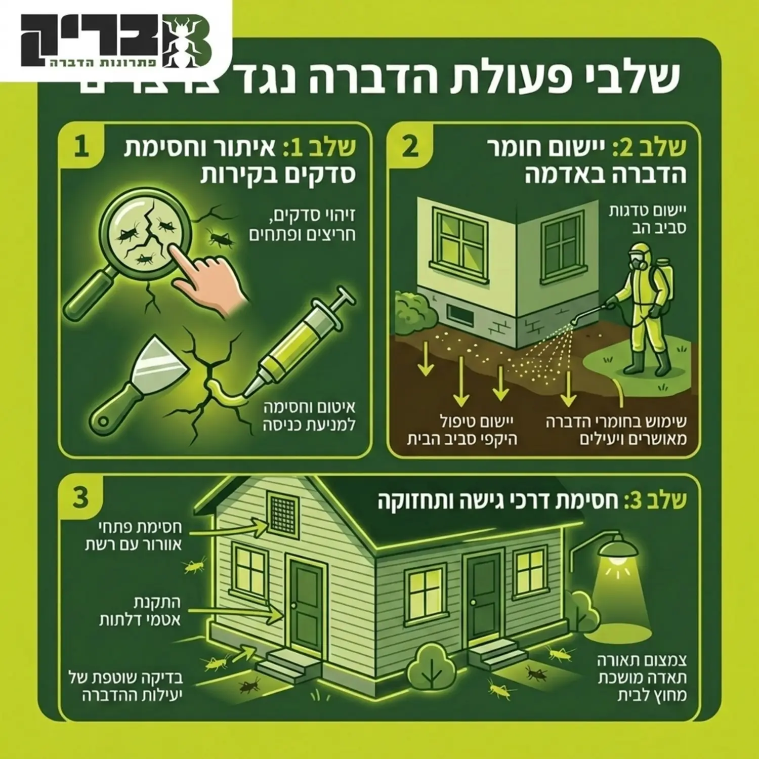 אינפוגרפיקה המפרטת את שלבי פעולת ההדברה נגד צרצרים החל מאיתור הסדקים בקירות דרך יישום חומר ההדברה באדמה ועד לחסימת דרכי הגישה לבית