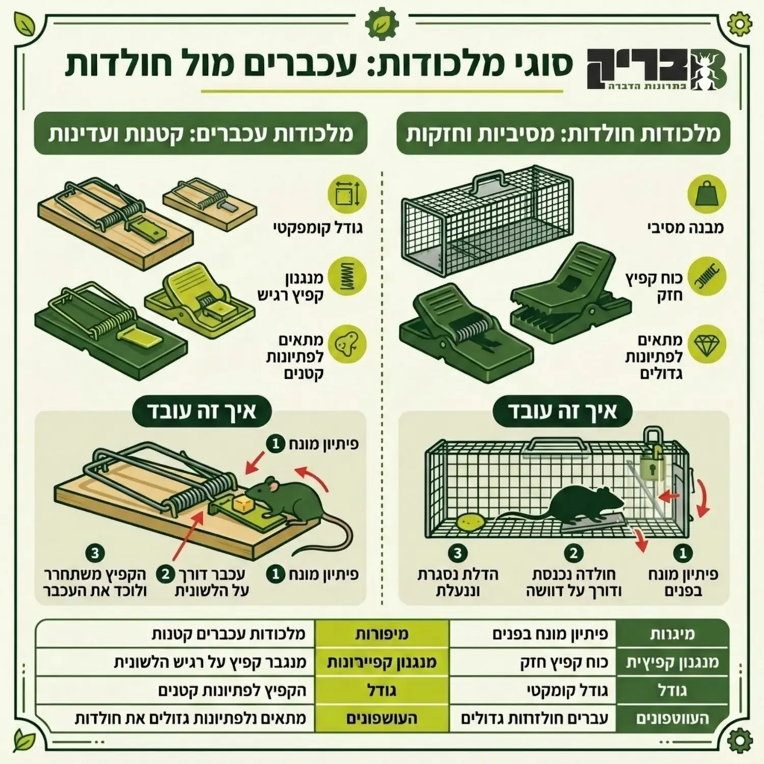 אינפוגרפיקה המציגה את סוגי המלכודות השונים, מלכודות קפיץ קטנות לעכברים מול מלכודות כלוב או קפיץ מסיביות לחולדות, עם הסבר ויזואלי על מנגנון הפעולה של כל אחת