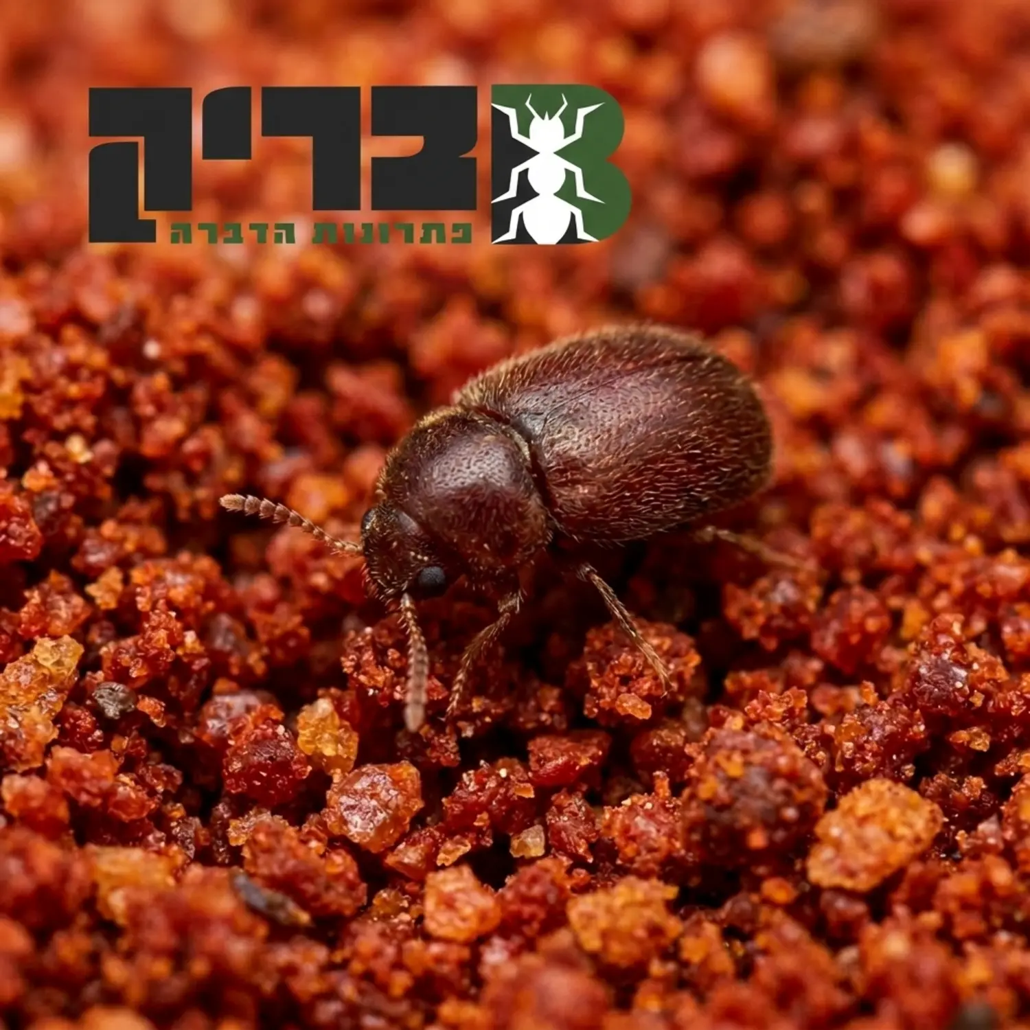 תקריב מאקרו של חיפושית הטבק על רקע של תבלין פפריקה אדום, מציג את הגוף החום והעגלגל שלה ואת המחושים הקטנים. התמונה ממוקדת על החרק כדי להמחיש את גודלו הזעיר ביחס לגרגרי התבלין.