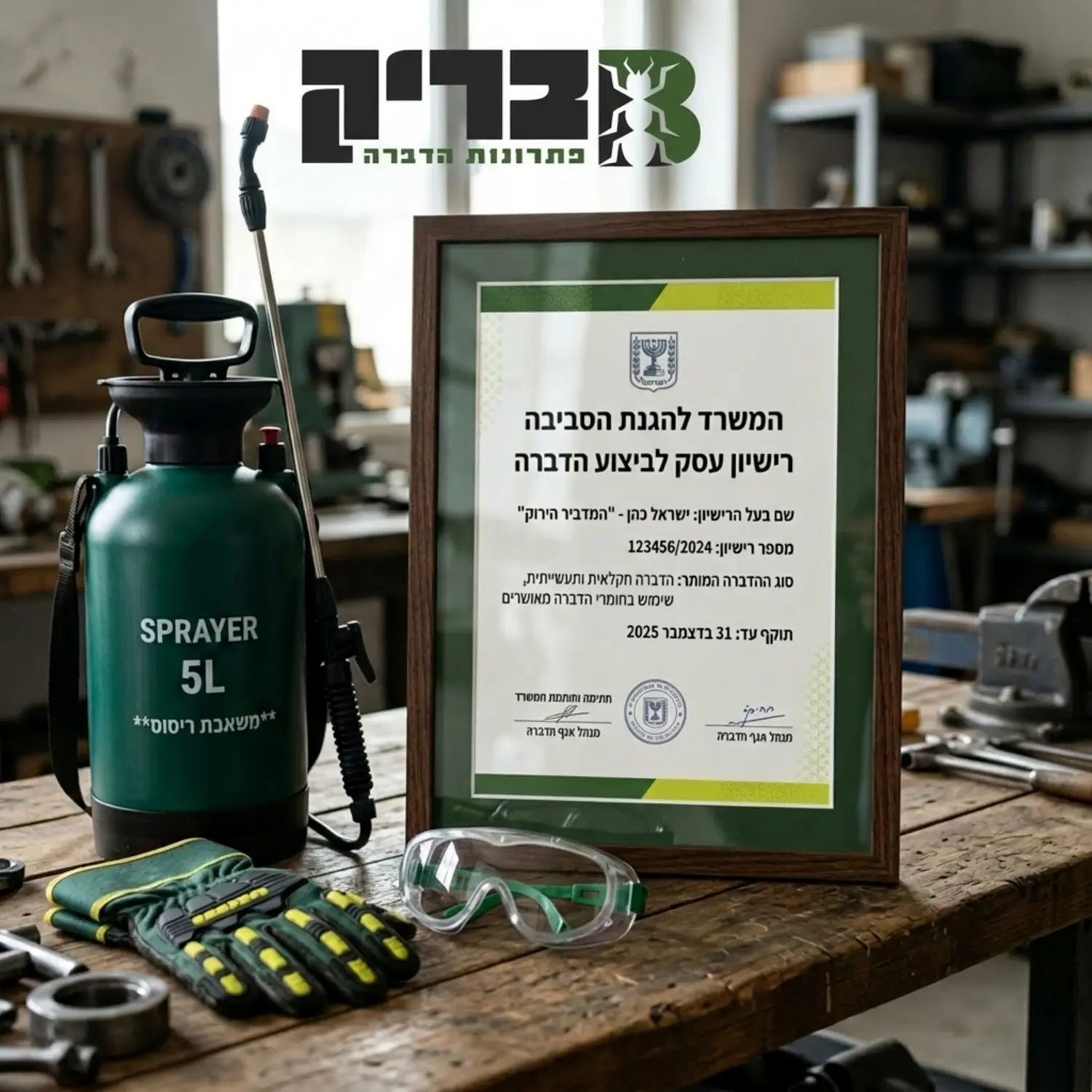 תצלום איכותי המציג תעודת רישיון רשמית של המשרד להגנת הסביבה ממוסגרת ומונחת על שולחן עבודה. לצד התעודה מונחים כלי עבודה מקצועיים הכוללים משאבת ריסוס מודרנית משקפי מגן וכפפות עבודה עבות המדגישות את הפן המקצועי והבטיחותי