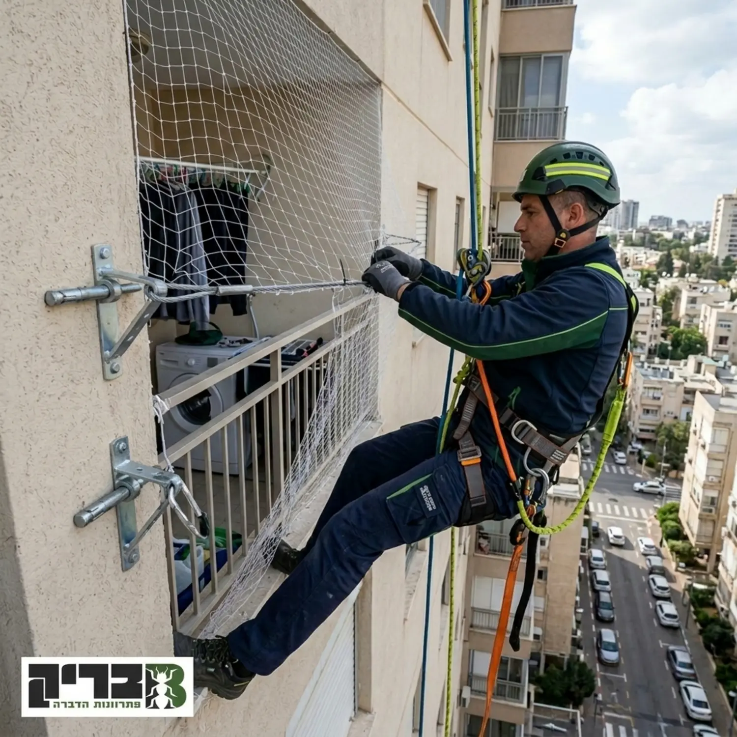 צילום של עובד מקצועי בגובה מתקין רשת במסתור כביסה באמצעות ציוד סנפלינג עם דגש בולט על רתמת הבטיחות כבל המתיחה והעוגנים בקיר