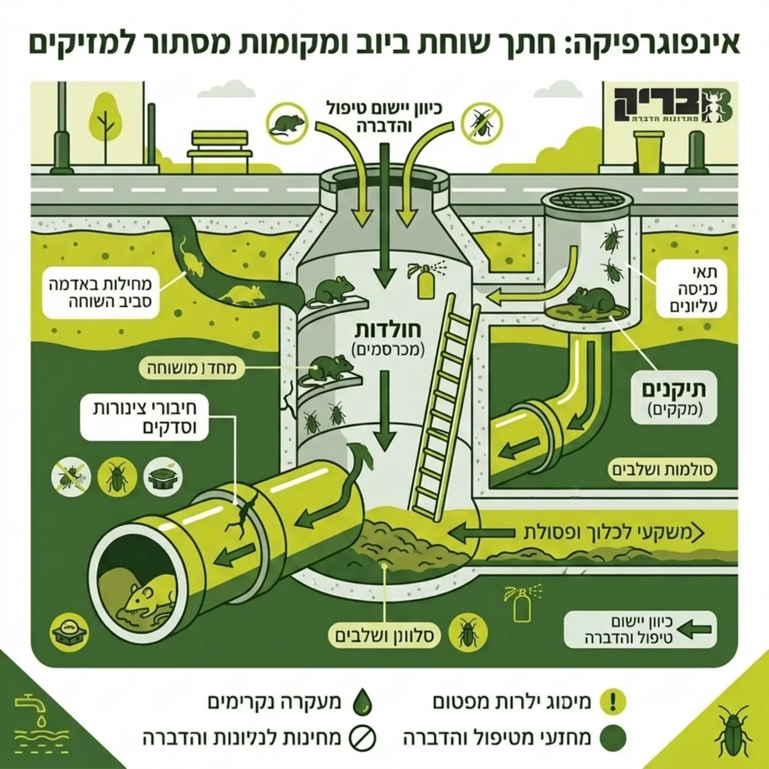אינפוגרפיקה המציגה חתך של שוחת ביוב עם מיקומי הסתתרות נפוצים של חולדות ותיקנים, וחיצים המראים את כיוון הטיפול וההדברה