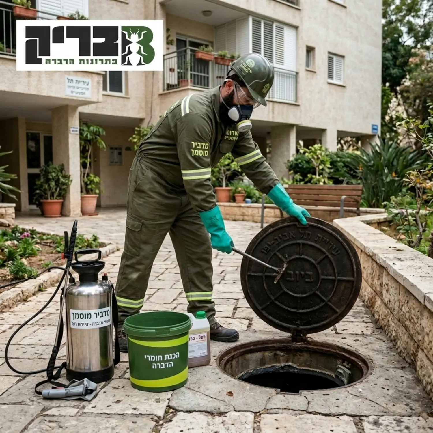 תמונה באיכות גבוהה של מדביר מקצועי עם ציוד מגן מלא פותח מכסה של בור ביוב בחצר של בניין משותף, מכין את חומרי ההדברה לפעולה