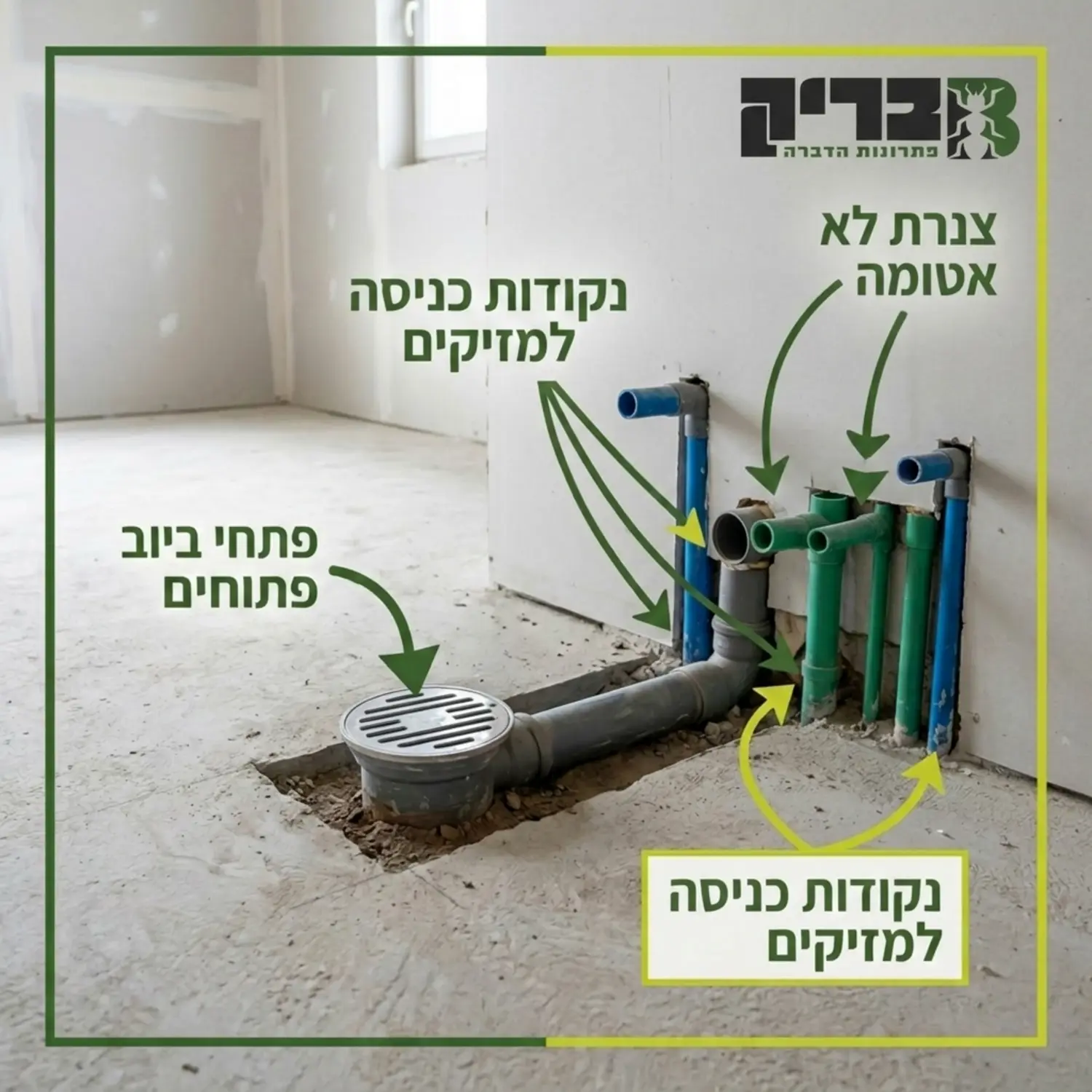 תמונה של דירת קבלן חדשה בשלבי סיום בנייה, כאשר פתחי הביוב והצנרת עדיין חשופים וניתן לראות את נקודות התורפה לכניסת מזיקים