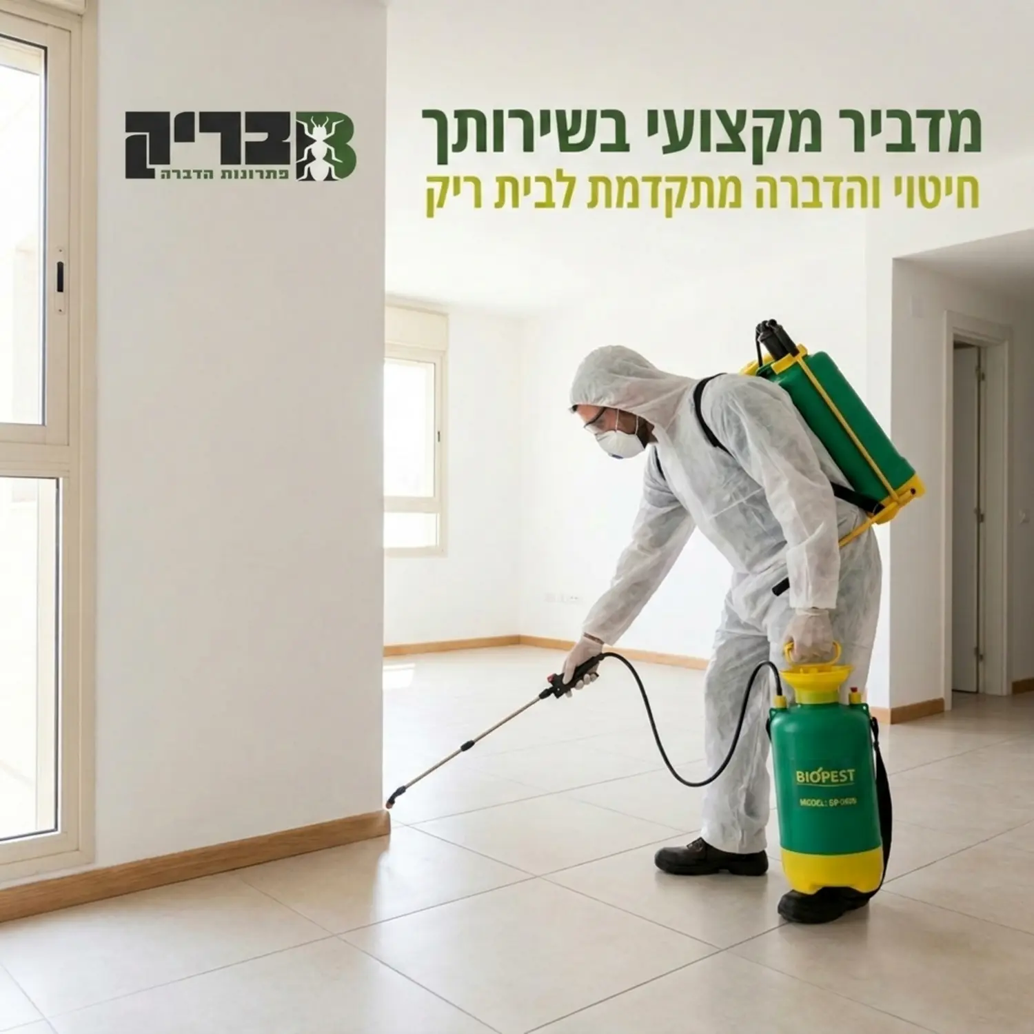 תמונה של מדביר מקצועי בחליפת מגן מרסס לאורך הפנלים בדירה מוארת וריקה לחלוטין, ללא רהיטים, עם ציוד הדברה מתקדם על גבו