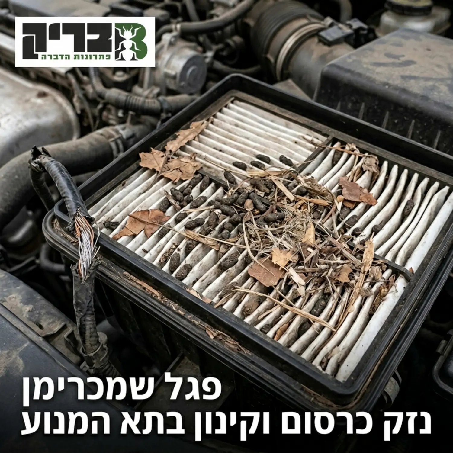 צילום תקריב של גללי חולדה המונחים על גבי פילטר האוויר של מנוע רכב, לצד שאריות של עלים יבשים המשמשים לבניית קן וחוט חשמל כרסום חשוף