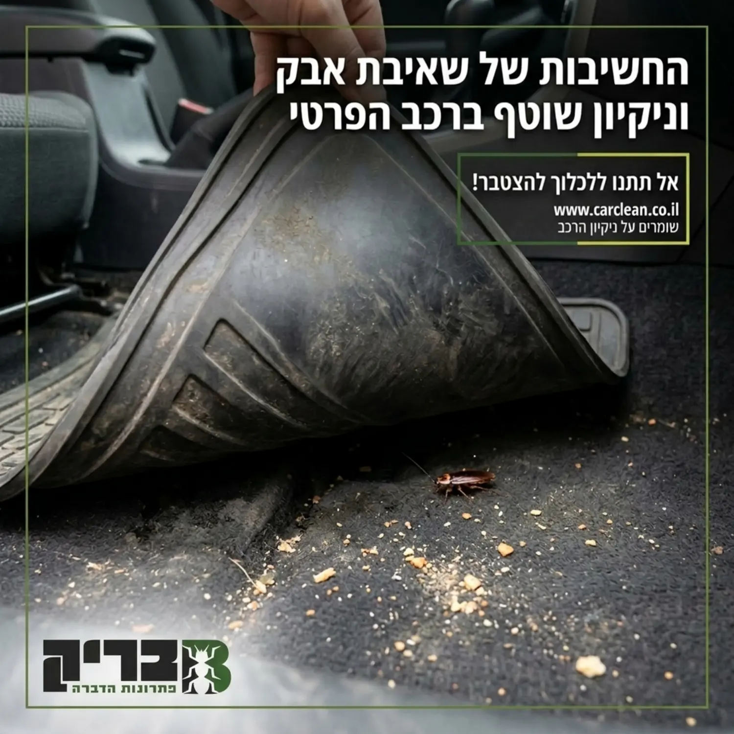 צילום תקריב של שטיחון רכב המורם בחלקו. מתחת לשטיחון ניתן לראות פירורי אוכל קטנים ואזור חשוך שממנו מתחיל לצאת ג'וק. התמונה ממחישה באופן ויזואלי את חשיבות שאיבת האבק והניקיון השוטף ברכב הפרטי