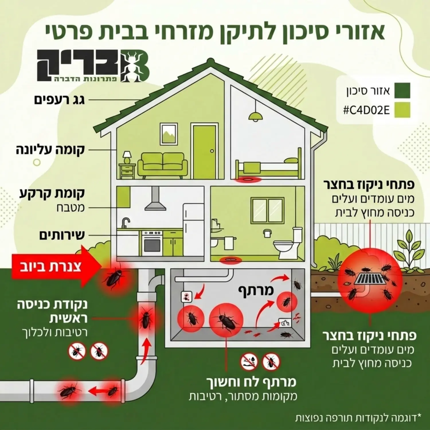 אינפוגרפיקה המציגה חתך של בית פרטי ומסמנת באדום את האזורים המועדים לפורענות של התיקן המזרחי, כמו צנרת הביוב, המרתף ופתחי הניקוז בחצר