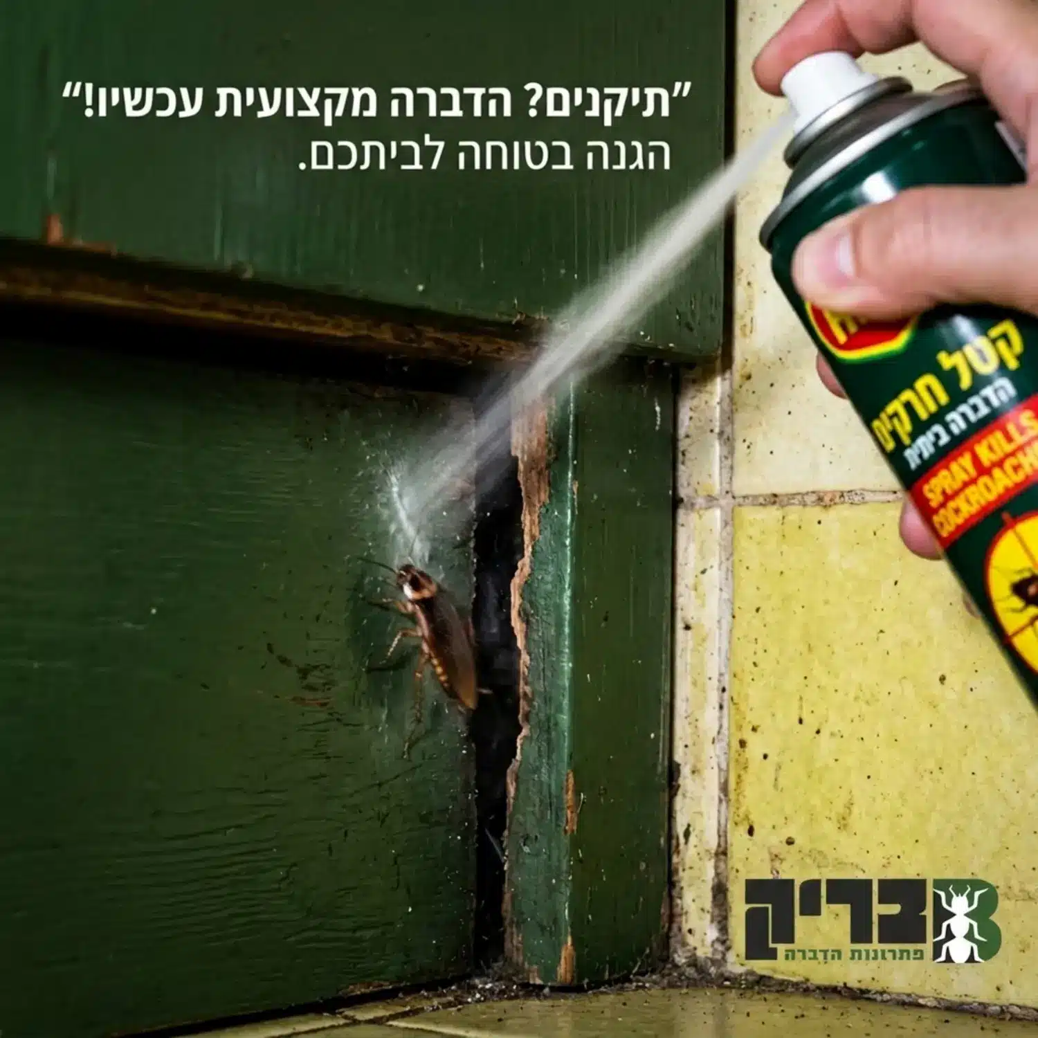 תצלום תקריב של תיקן בורח מסילון של תרסיס הדברה ביתי לעבר סדק צר וחשוך בחיבור שבין ארון המטבח לקיר
