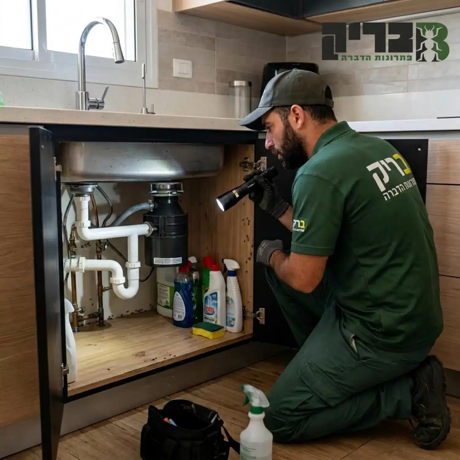 מדביר מקצועי במדי חברת בריק פתרונות הדברה מצויד בפנס מקצועי, בודק ביסודיות את הפאנלים התחתונים ואת הצנרת מתחת לכיור במטבח מודרני כדי לאתר את מקור כניסת הנמלים לבית