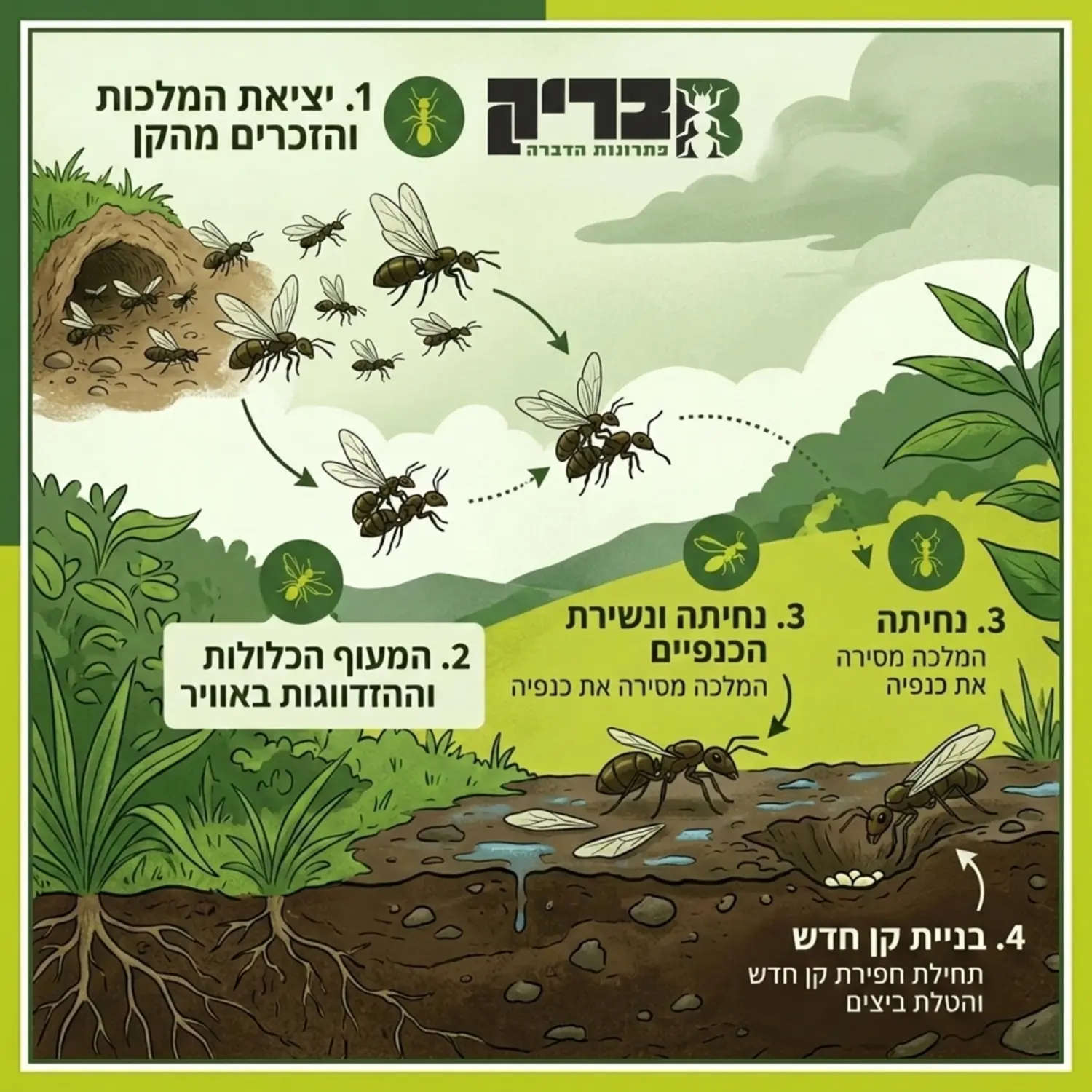 איור המדגים את תהליך מעוף הכלולות של נמלים, החל מיציאת המלכות והזכרים מהקן, ההזדווגות באוויר, ונשירת הכנפיים של המלכה על האדמה הרטובה