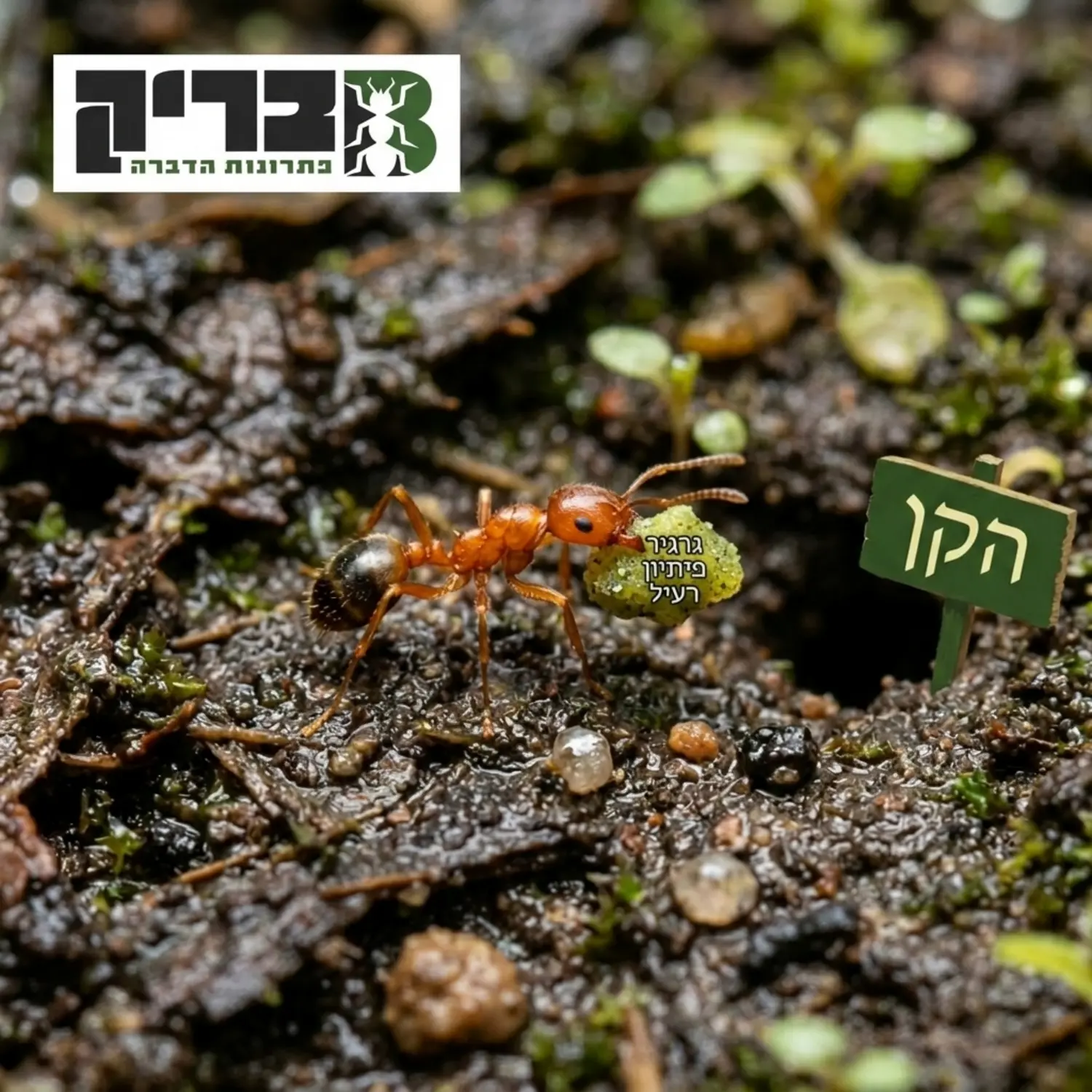 צילום תקריב איכותי של פועלת נמלת האש הקטנה נושאת גרגר פיתיון רעיל בדרכה חזרה אל הקן באדמה הלחה של הגינה